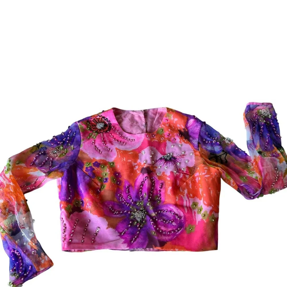 Miss Elliette California Hand-Beaded Floral Crop Blouse Sheer Sleeves Vtg 60s - Picture 8 of 16